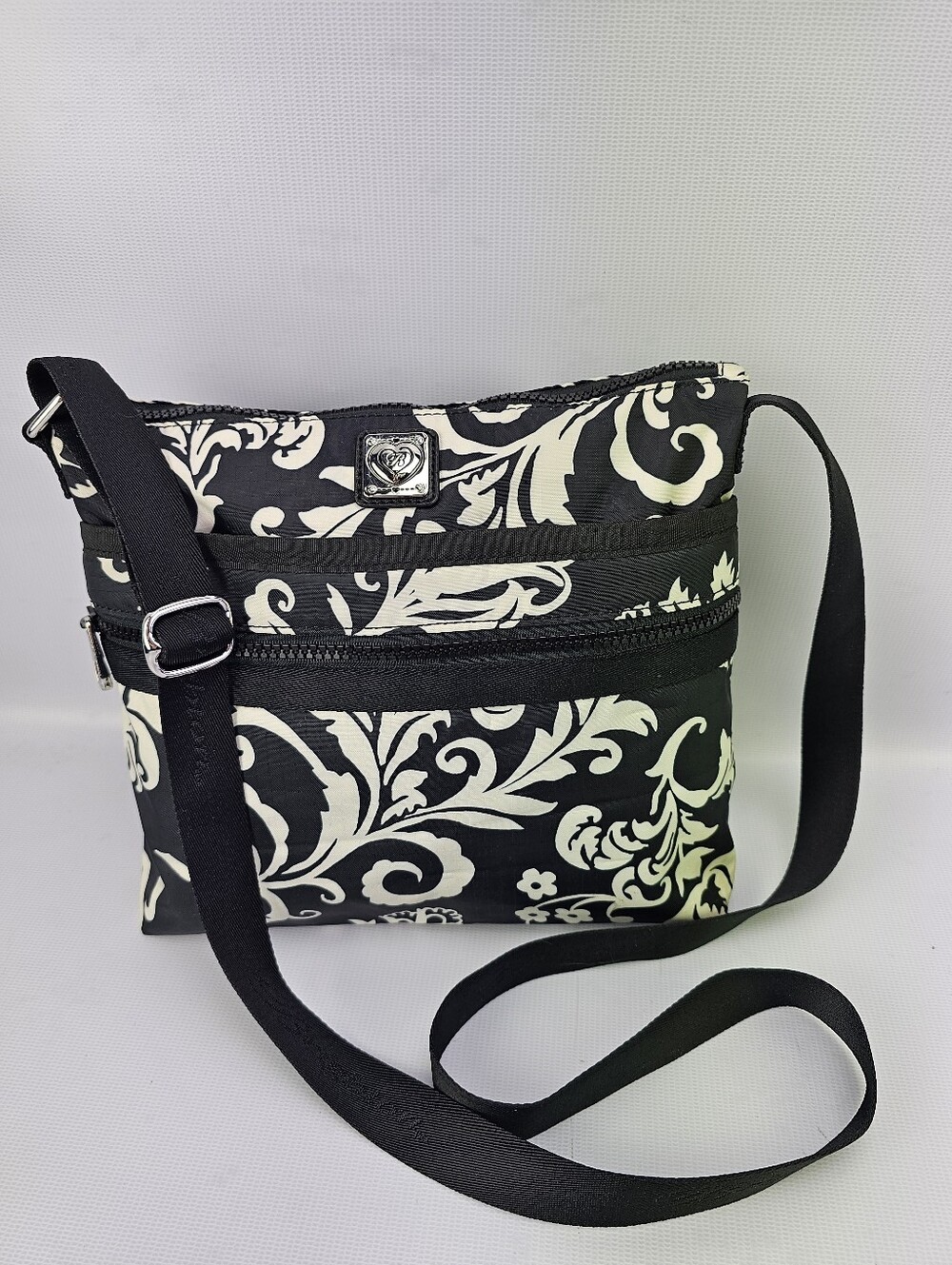 Brighton Black and White Nylon Floral Damask Crossbody Handbag
